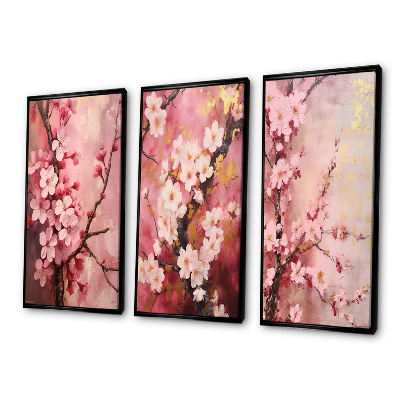 Cherry Blossoms Dark Pink Collage, Black Floater Framed, 32" H x 48" W