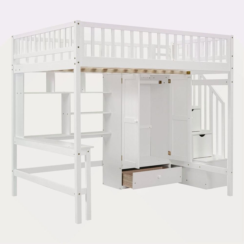 Lit mezzanine double avec bibliothèque, tiroirs, bureau et garde-robe