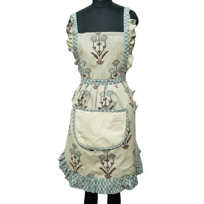  Handmade Block Print Apron – Floral Charm in Natural Linen Blend, Amitabh, Grey