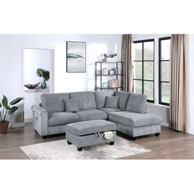 Contemporary Style 3pc Sectional Set Right Arm Chaise Left Arm Sofa w/ USB Port Storage Ottoman Throw Pillow Wooden Legs Fog Finish Primary Living Roo
