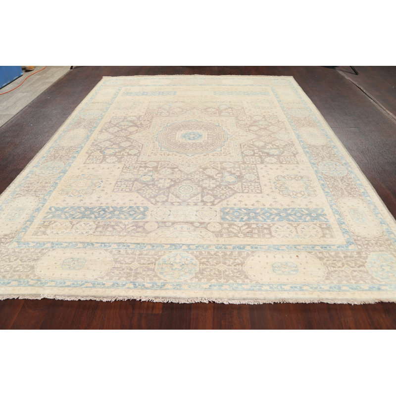Tapis beige en laine noué à la main de conception unique 8 pi 0 po x 10 pi 0 po Gautama