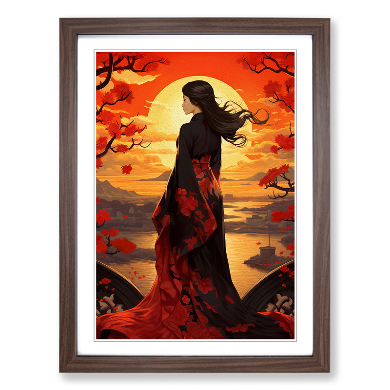 Japanese Sunset Nouveau - Single Picture Frame Print on Wood, Walnut Framed, 34cm H x 25cm W x 2cm D