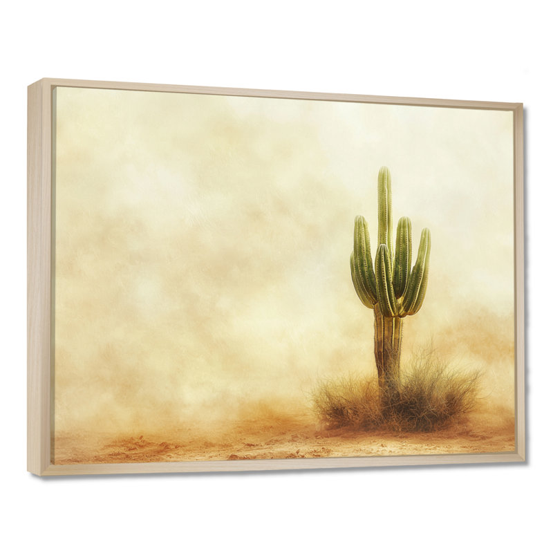 Cactus tempête de sable I - art mural cactus, Cadre flottant, Crème, crème, H 24 po x l 32 po