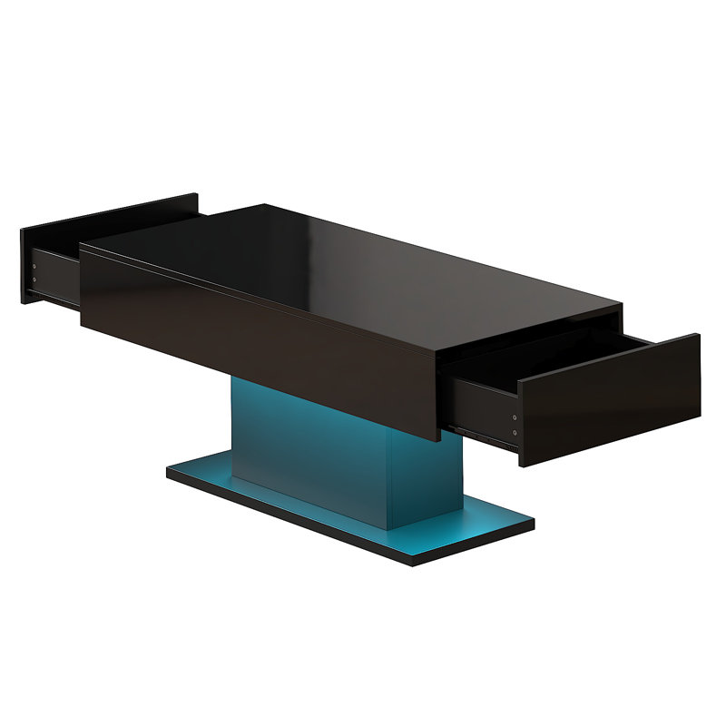 High Gloss LED Rectangle Coffee Table with 2 Drawers, Black