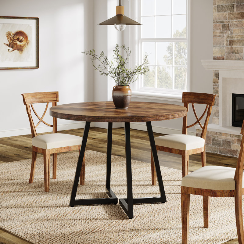 31.5" Small Round Kitchen Table, Industrial Dining Table for 2-4, Brown/Black