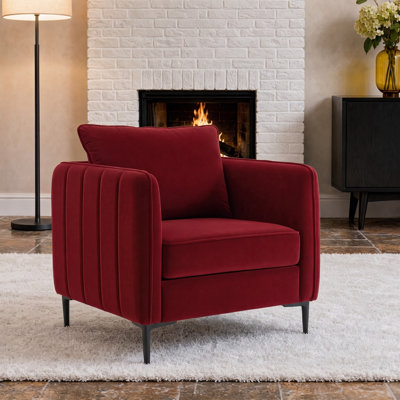 Mid-Century Modern Velvet Accent Chair, Comfy Upholstered Single Armchair with Throw Pillow & Metal Legs, Reading Sofa Chair for Living Room, Bedroom, Office