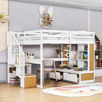 Kayd Full Size Loft Bed With Desk, Shelves, Storage Staircase And Drawers