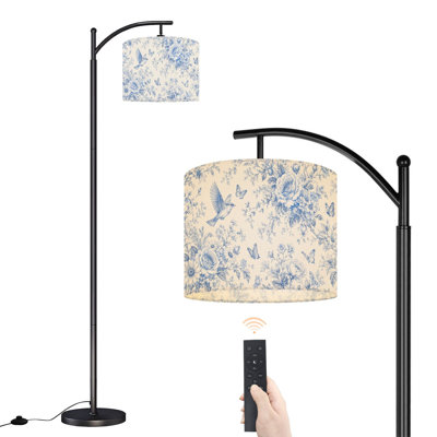 Lampe sur pied à arc avec abat-jour réglable floral rétro boho bleu crème, fleurs blanches, oiseaux, lampe sur pied, 3 températures de couleur, intensité variable, grand mât avec interrupteur au pied pour la chambre à coucher