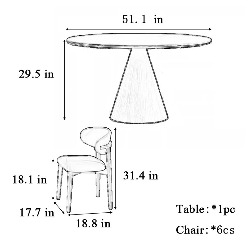 Round retro style dining table and chair, 29.50"H x 51.10"L x 51.10"W