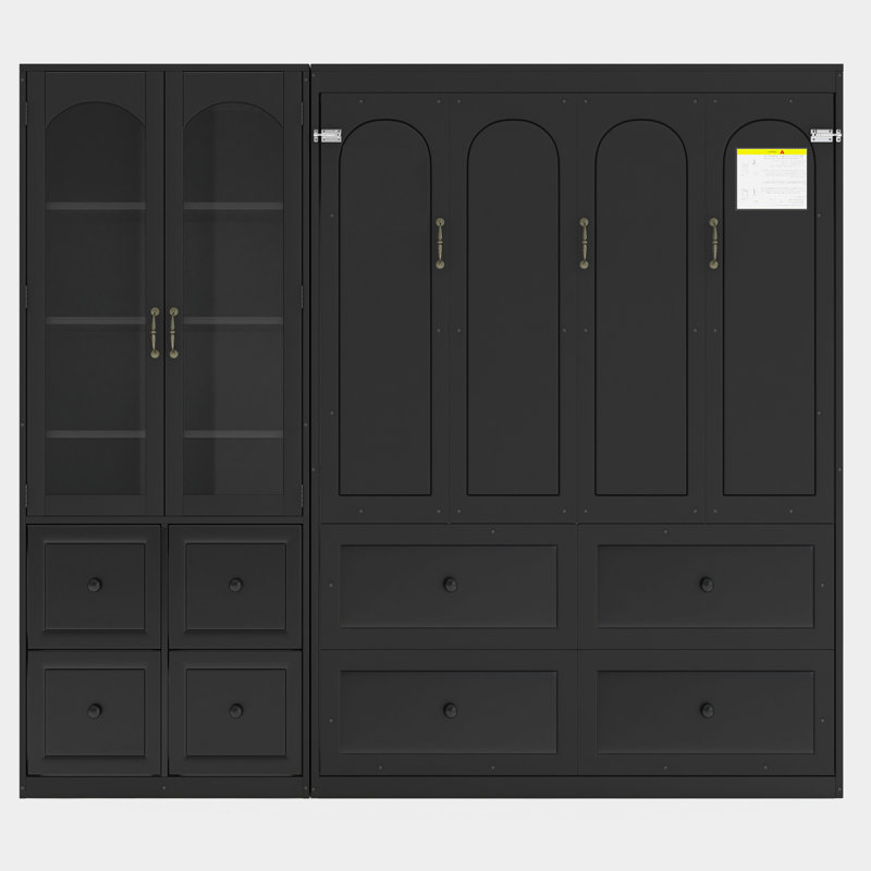 Grand lit escamotable avec armoire de rangement réversible, portes en acrylique, 4 tiroirs, tablettes et lit mural pliable, noir