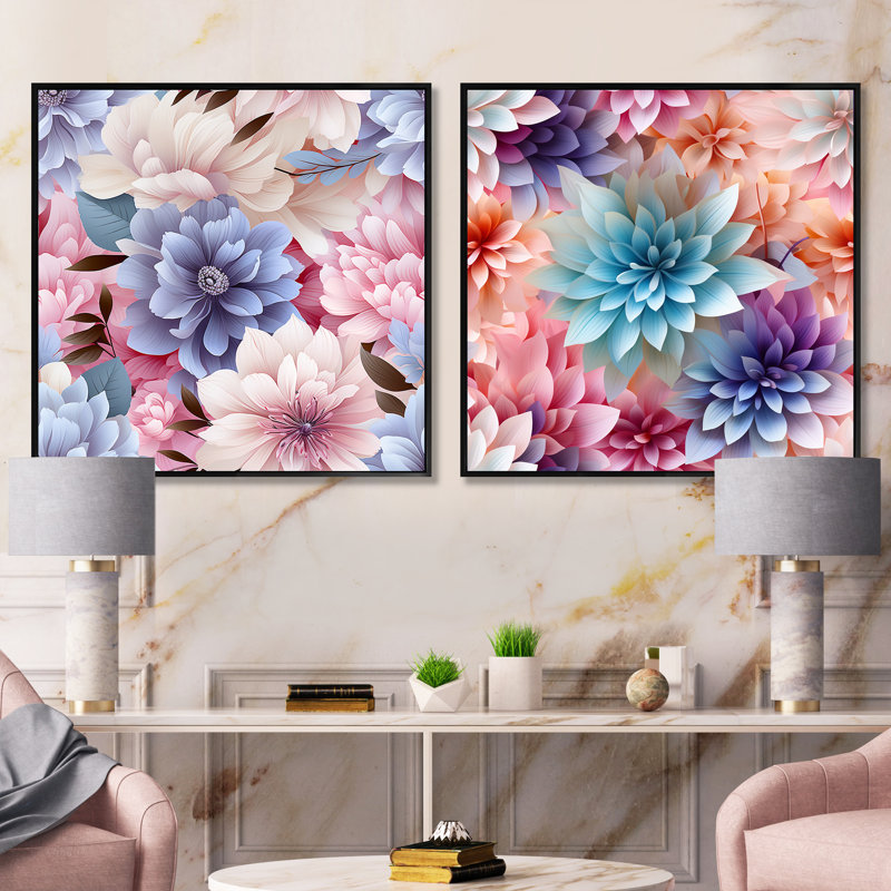 Meranda - Ensemble de 2 collages carrés floraux, Cadre flottant noir, H 30 po x l 61 po