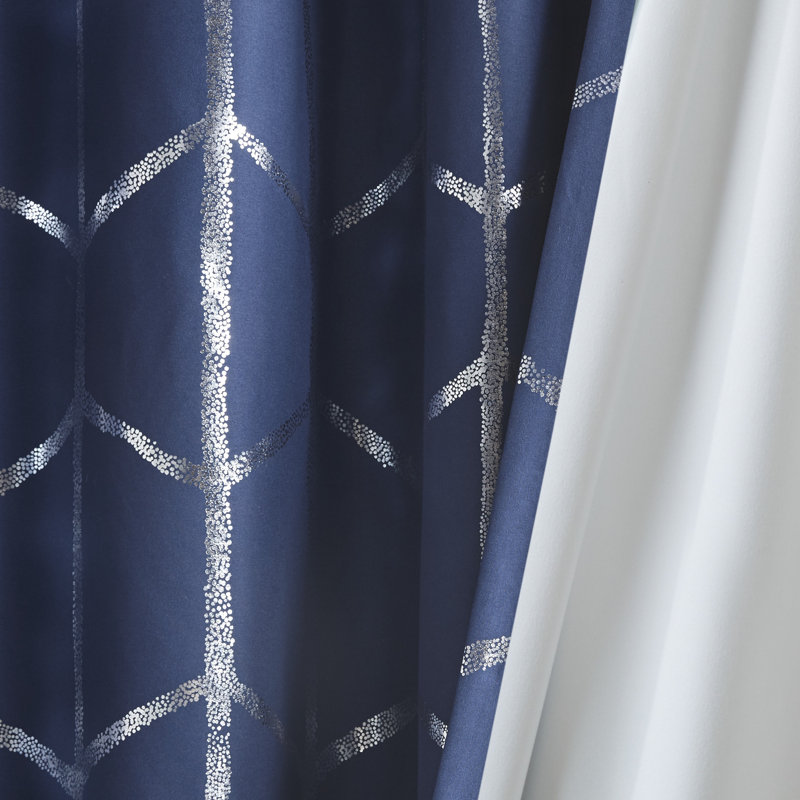 Raina Geometric Total Blackout Grommet Single Curtain Panel, 50" W x 84" L, Navy/Silver
