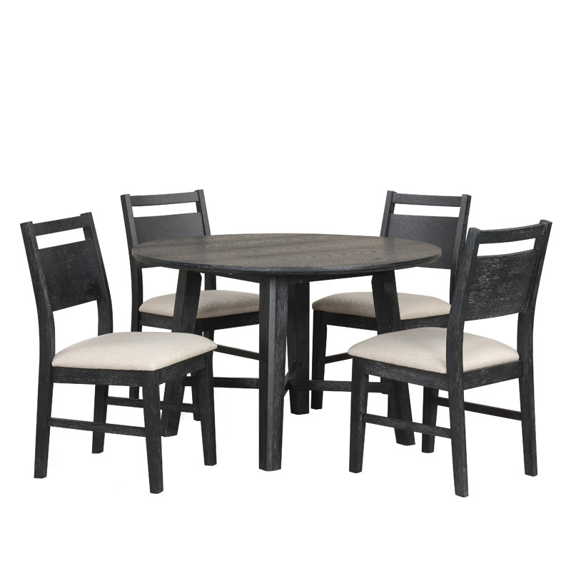 Ensemble de table de salle à manger ronde 5 pièces Saby, 4 chaises d'appoint, bois noir, brun clair