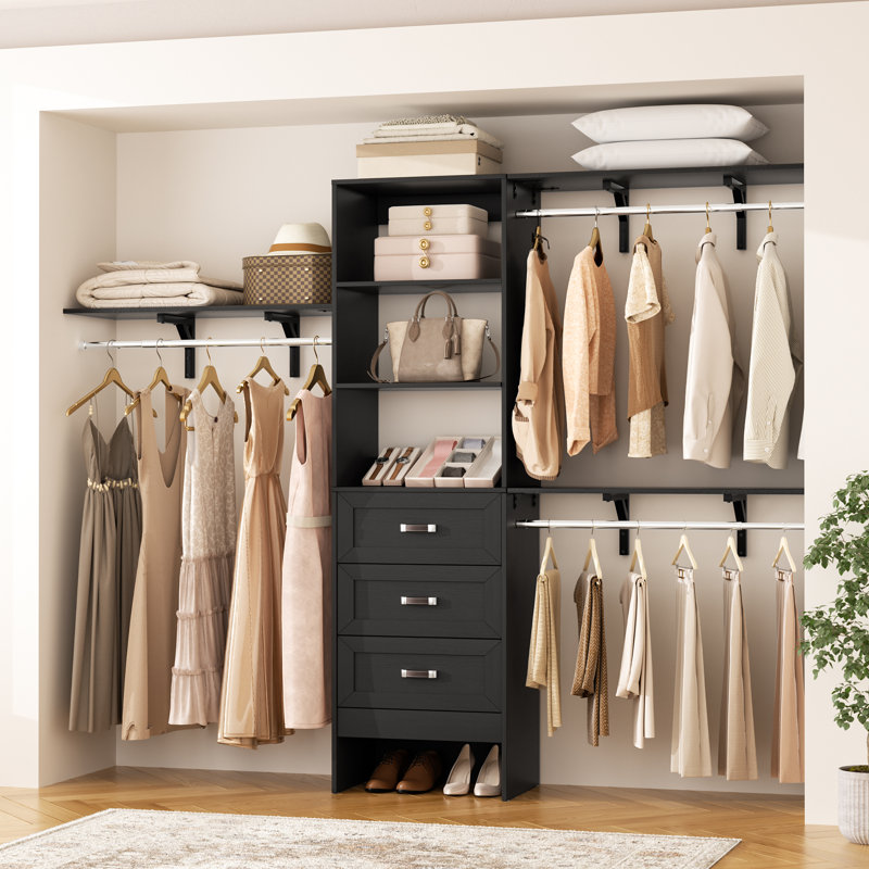 20'' - 96'' W Closet System with Wooden Drawers and Hanging Rods(Cut to Fit), Black