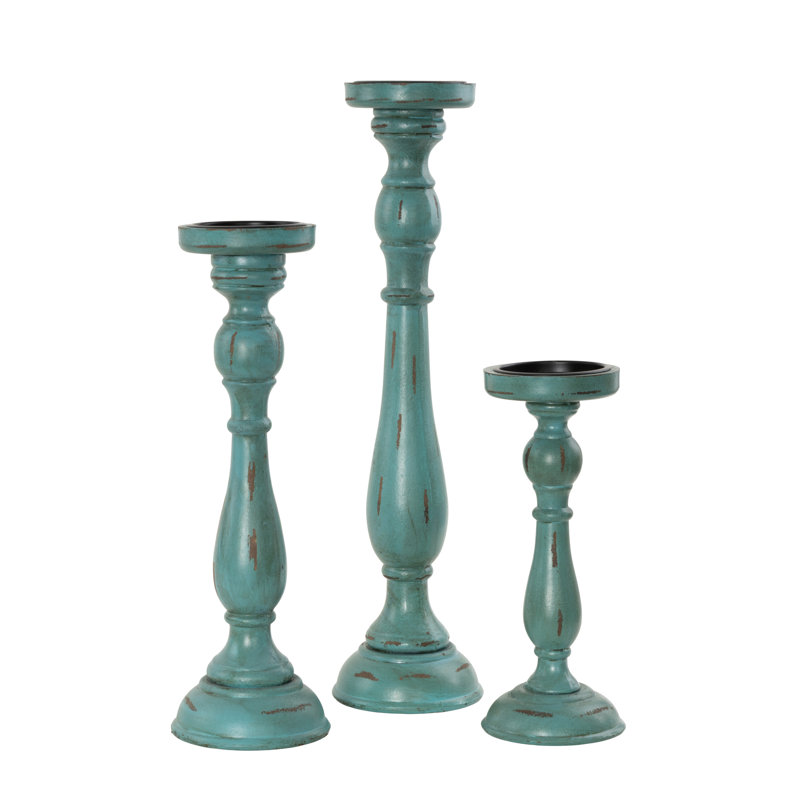 Ensemble de porte-bougie en bois patiné, Bleu