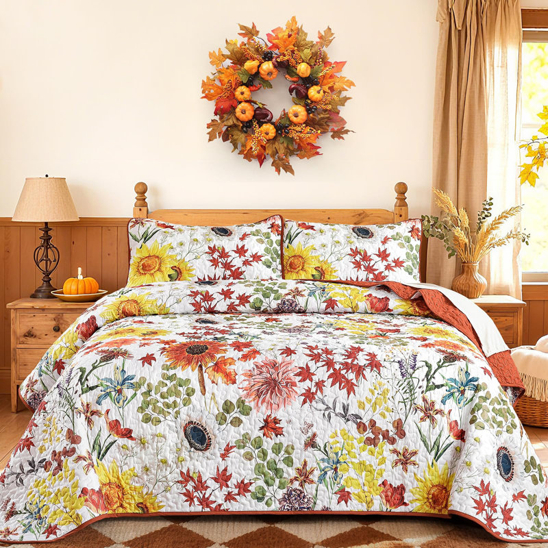 Ensemble de courtepointe 3 pièces Sunflower Botanical, Courtepointe pour lit grand + deux taies décorati, Orange brûlé