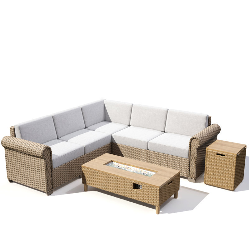 L Shape 5-seat Outdoor Conversation Sofa Set With Fireplace, 5 Pcs: 2 Chairs, Fire Pit, Side Table, Sectional