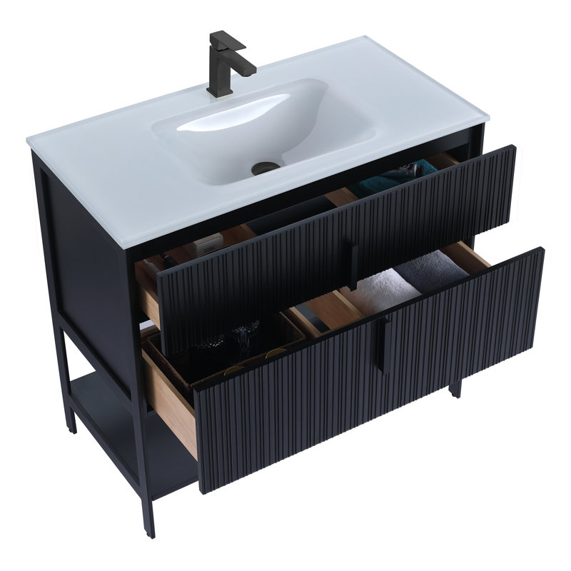  Meuble-lavabo moderne avec plateau en verre blanc Serenity, Noir mat / noir, 36"