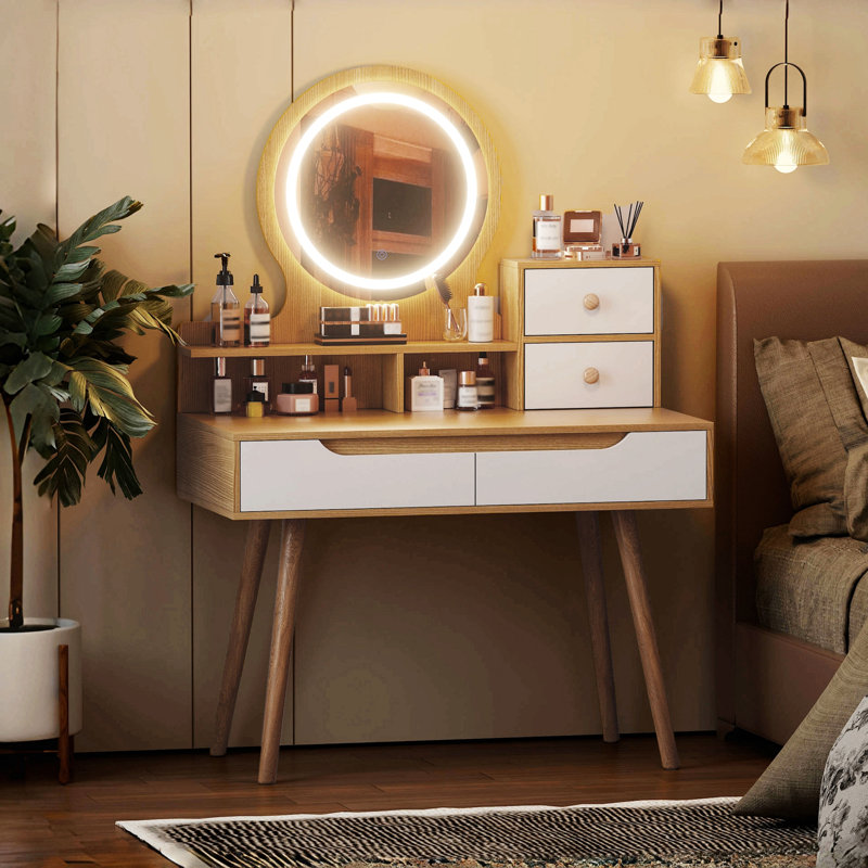Makeup Vanity Desk With 3 Adjustable Lighted Mirror With Solid Wood Table Feet , Dressing Table Set With 4 Drawers And 3 Open Shelves  For Small Space Bedroom