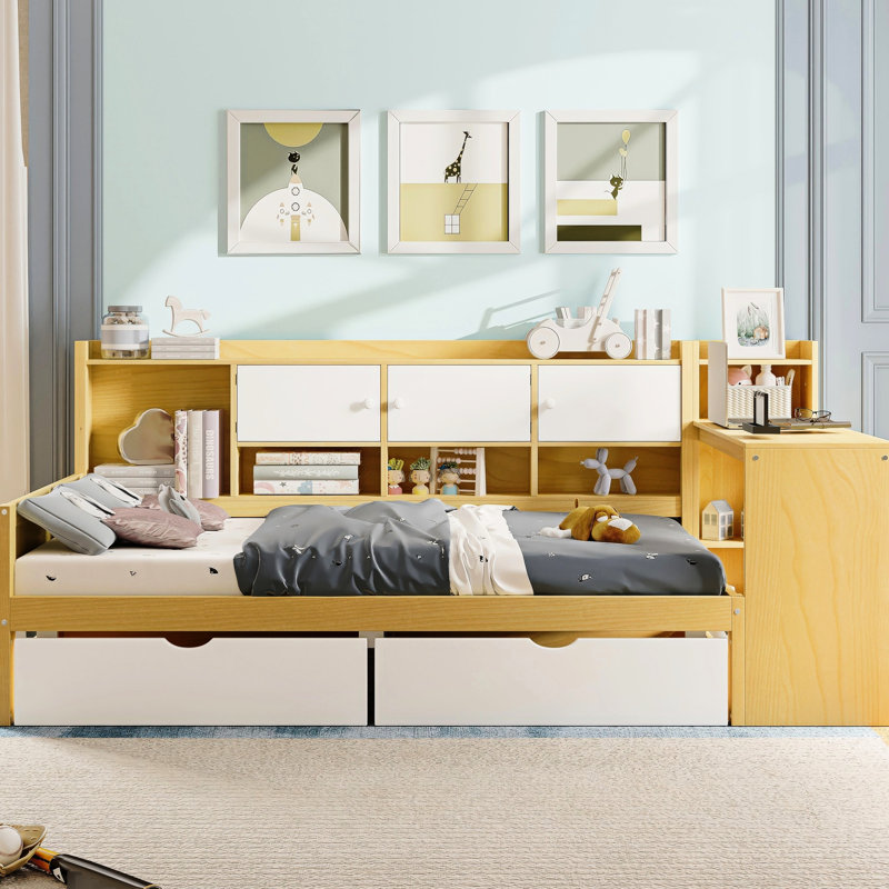 Lit de jour en L naturel blanc avec tiroir et rangement pour armoire - taille de matelas simple