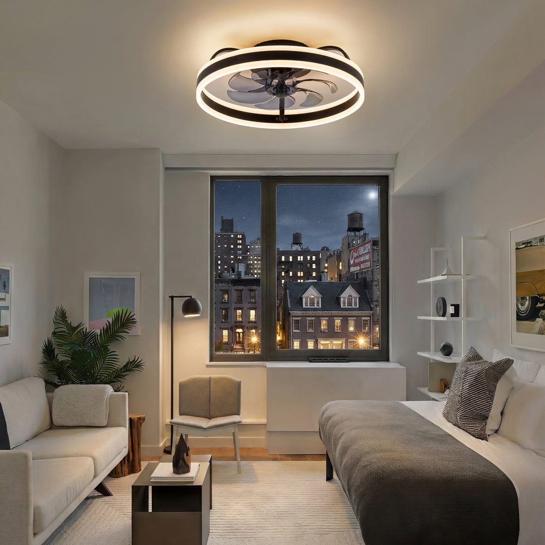 Tarrah 19 inch  Low Profile Ceiling Fans with Lights and Remote, Fandelier Ceiling Fan Flush Mount, 3000K-6500K Bladeless LED Fan Light, Black Modern Ceiling Fans with Lights for Bedroom 17 Stories