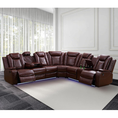 Shamla Faux Leather Power Reclining Theater Sectional with LED Lighting and USB Ports 