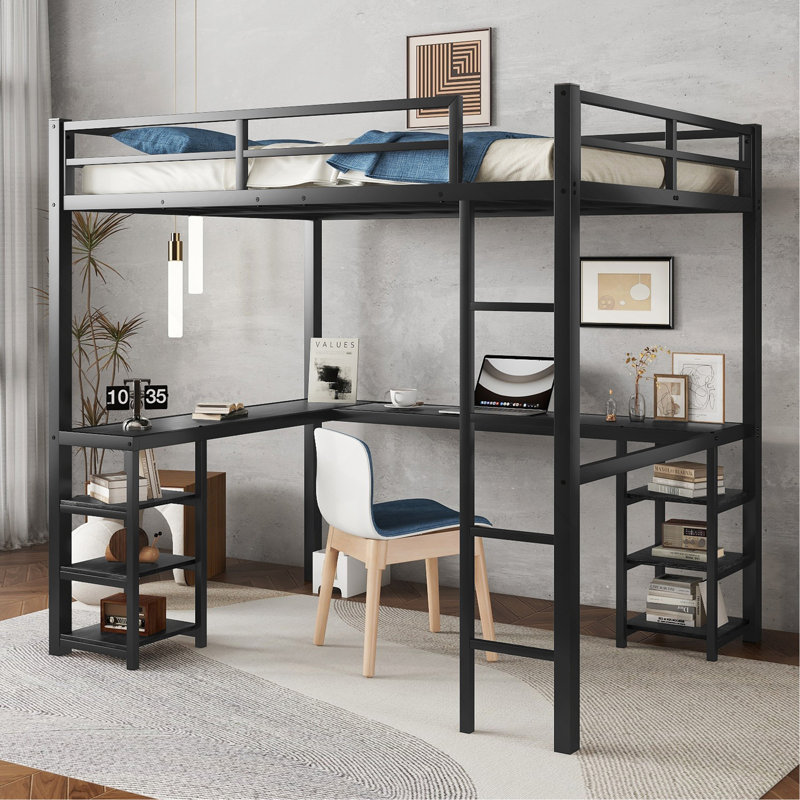 Lit mezzanine double en métal avec bureau et tablettes, lit mezzanine avec échelle et garde-corps, cadre de lit mezzanine pour chambre à coucher
