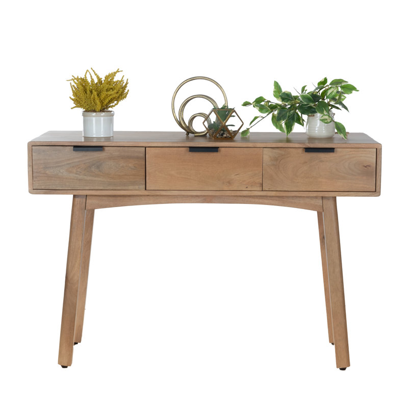48 Inch Solid Mango Wood Console Table with 3 Drawers in Natural Finish