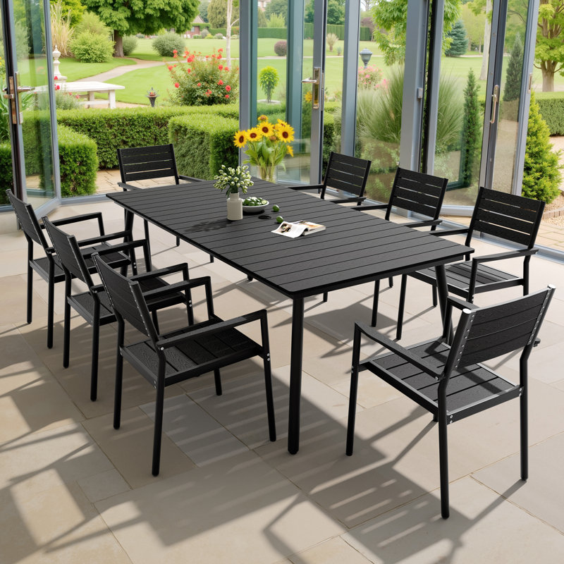 Cyanni 8 - Person 82.5'' L Outdoor Dining Set with Umbrella Hole, Black