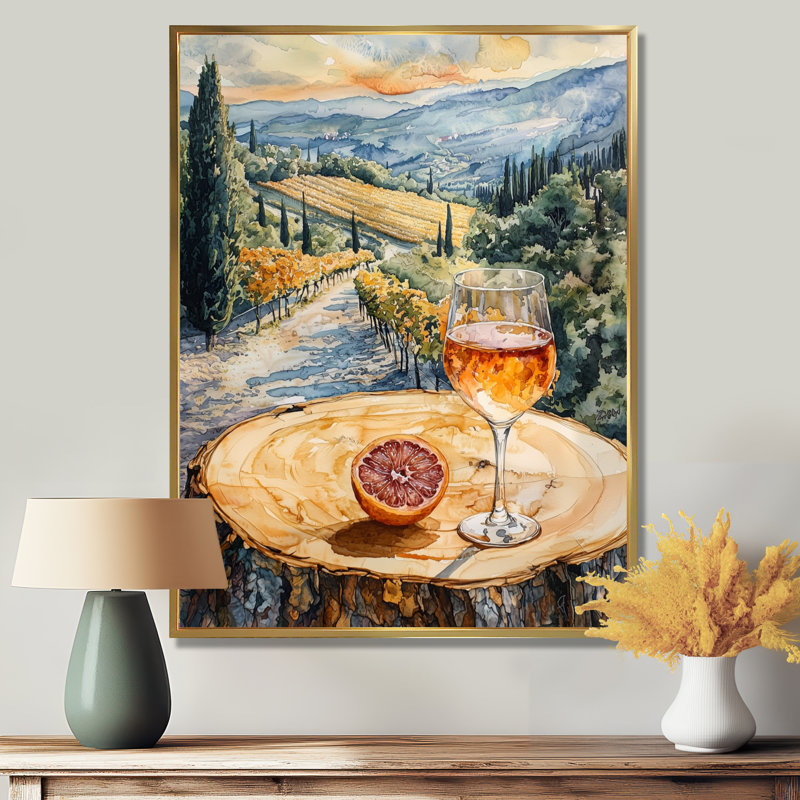 Gillyard pamplemousse avec verre de vin dans un vignoble - art mural Vineyard, H 32 po x l 24 po, Doré