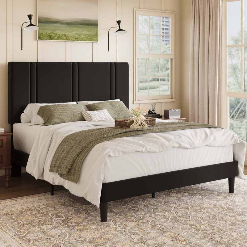 Modern Low-Profile Velvet Upholstered Platform Bed Frame With Headboard, Full, Black
