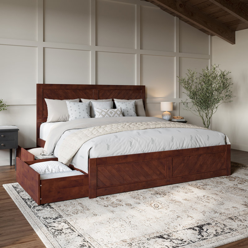 Jeinny Solid Wood Platform Bed with Matching Footboard & Storage Drawers, Walnut, King