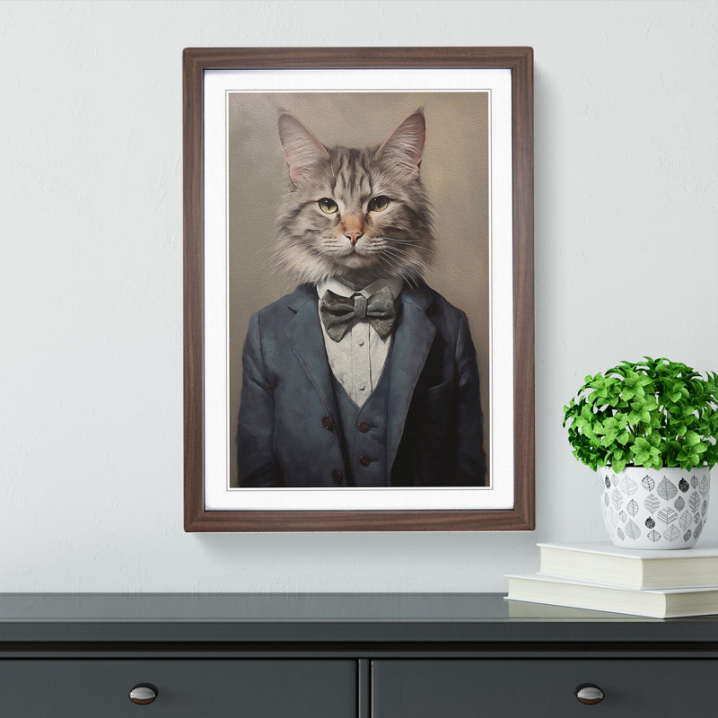 Cat In A Suit No.7 - Single Picture Frame Print on Wood, Walnut , 64cm H x 46cm W x 2cm D