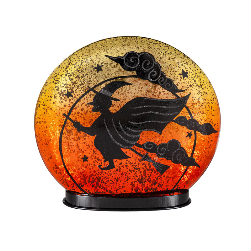 Witch on Broom LED Crackle Glass Table decor, 9.75"H