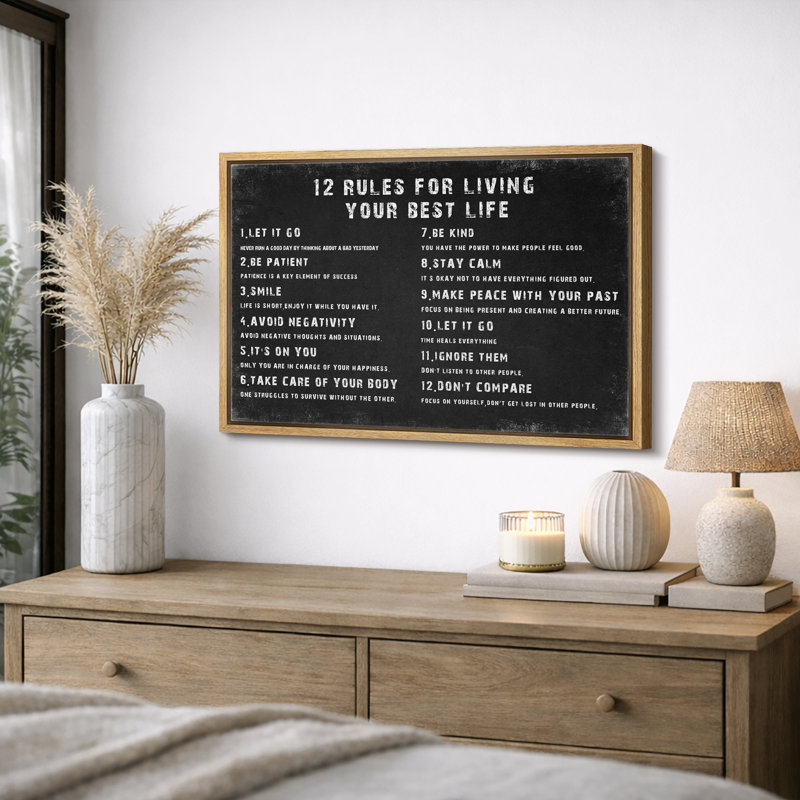 «12 Rules For Living Your Best Life», art mural inspirant, art mural, art mural, H 24 po x l 36 po, Naturel