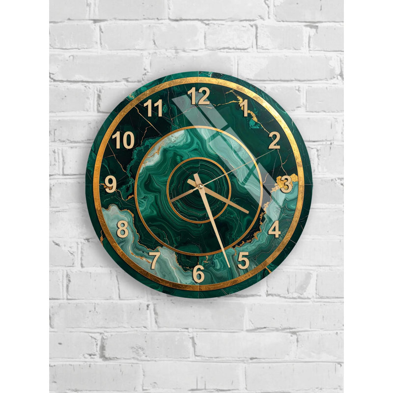 Horloge murale en verre trempé vert doré, design inspiré du marbre, décoration intérieure élégante, horloge moderne