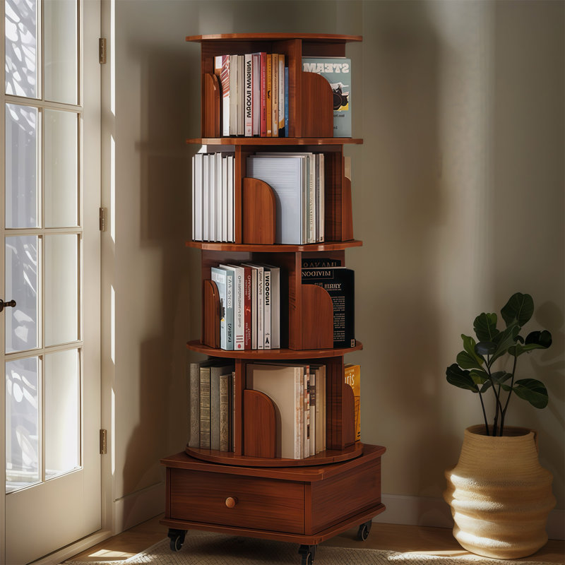 Bibliothèque rotative avec tiroir, Noyer brun, (5 tablettes) H 57 po x l 18,11 po x P 18,11 po