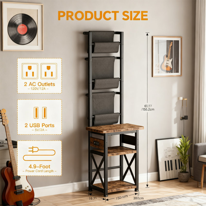Record Player Stand With Power Outlet, 6-Tier Display Shelf, Holds 200 Albums