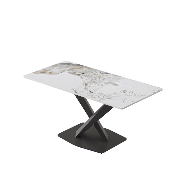 Table de salle à manger 63 "en pierre artificielle moderne à bords droits en métal noir 63" - 6 personnes, White/Gray