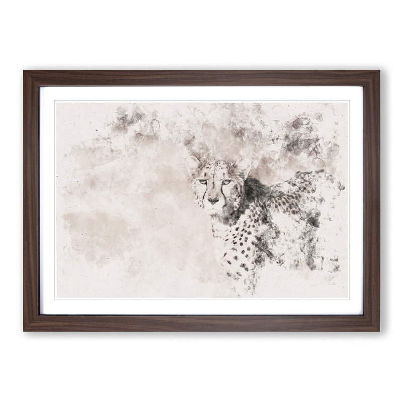 Cheetah with Orange Eyes - Picture Frame Painting Print, 40cm H x 60cm W x 2cm D, Walnut Framed