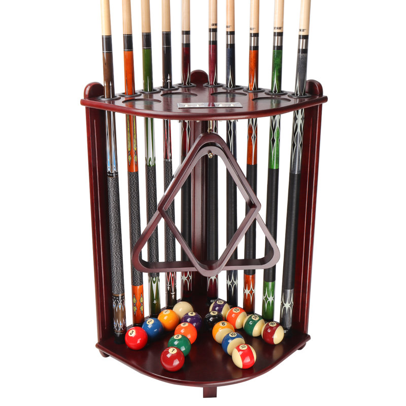 GSE Wooden 10 Corner Style Pool Cue Rack with Score Counter, Metal Hook, and Drink Holders - Black, Mahogany