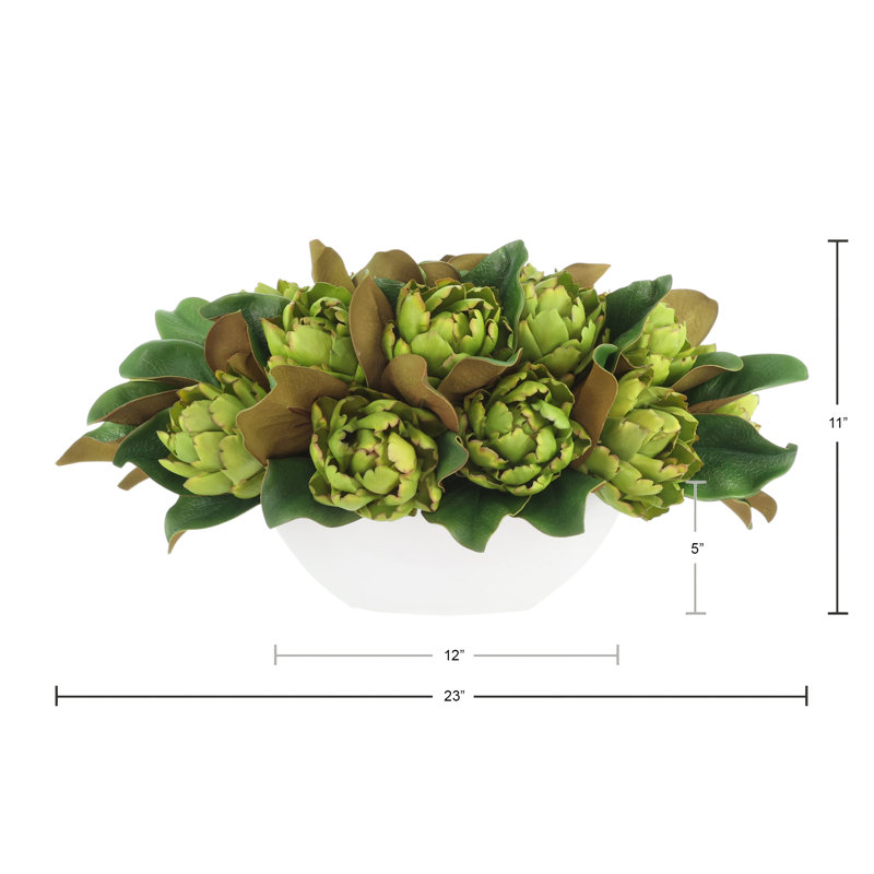 Magnolia and Artichoke Floral Arrangements in a Fiberstone Pot