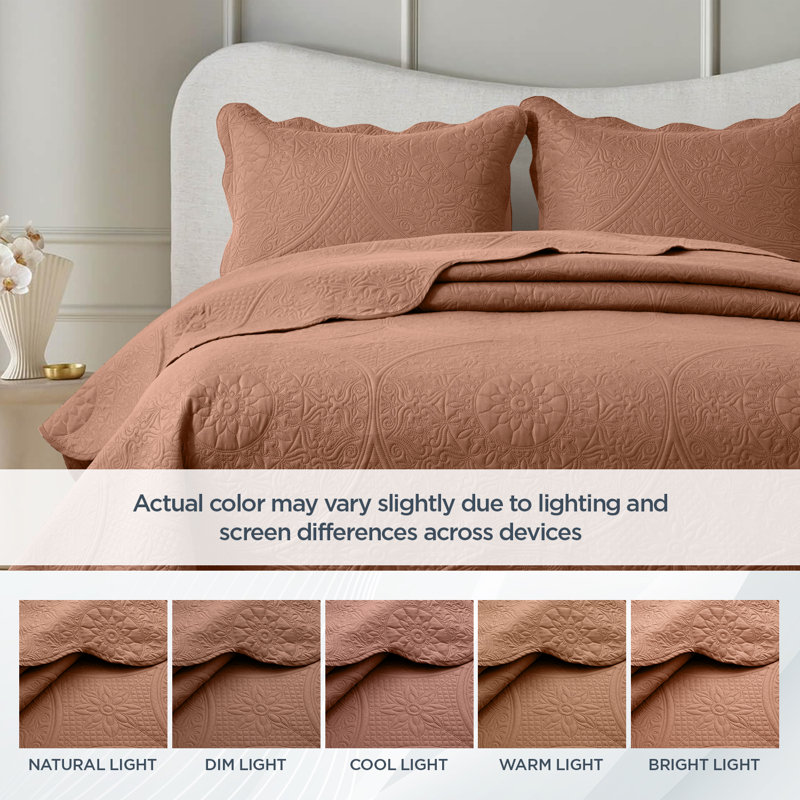 Elegant Floral Embossed Bedspread Set With Pillow Shams – Lightweight Quilted Bedding, Machine Washable, Peach