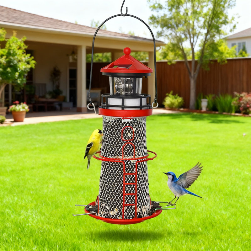 Mangeoire d'oiseaux à phare rotative à énergie solaire avec balise à DEL - La mangeoire en maille suspendue attire les oiseaux sauvages, facile à remplir et à nettoyer, cadeau de jardin décoratif pour les amoureux des oiseaux
