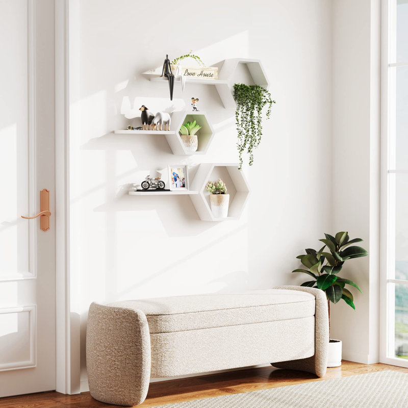 Ensemble de 6 tablettes hexagonales en bois à fixation murale, ensemble de 6 tablettes en bois de pin, blanc, White