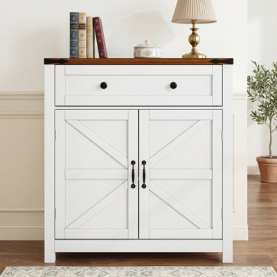 Farmhouse Storage Cabinet with Drawer & Adjustable Shelf, White Kitchen Cabinet