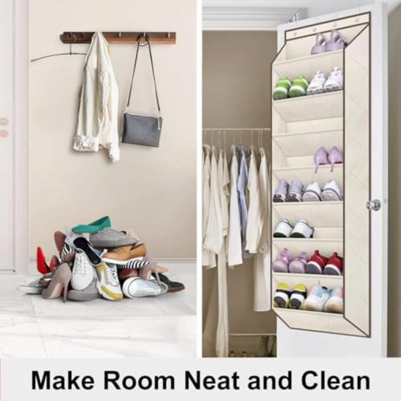 Organisateur de chaussures à suspendre au-dessus de la porte pour garde-robe avec grandes poches profondes, étagère à chaussures étroite pour le rangement des bottes suspendues, beige