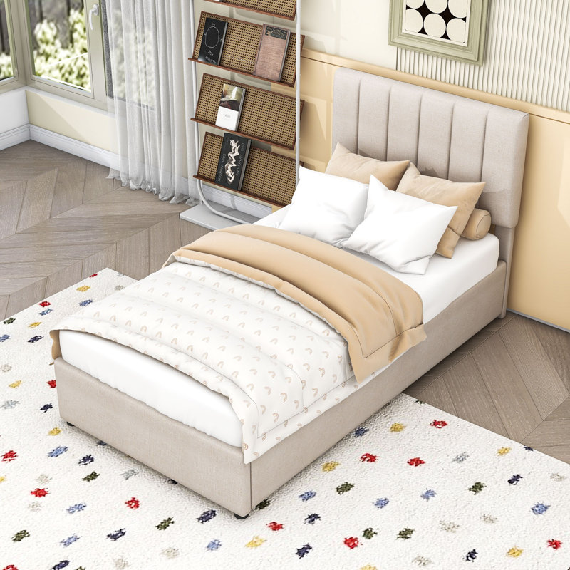Lit plateforme simple tapissier avec système de rangement hydraulique, Beige