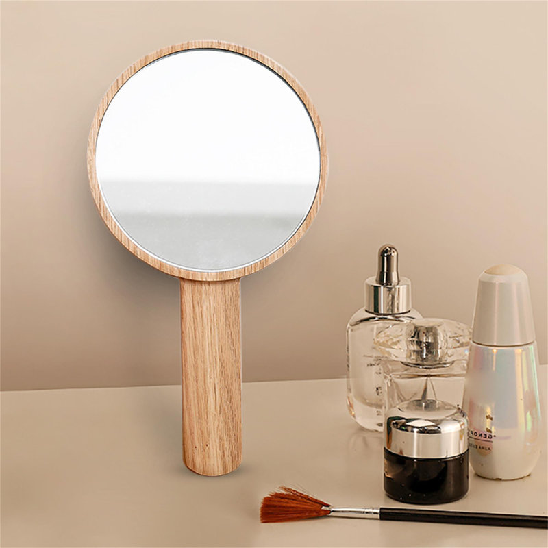 Handheld Makeup Plain Mirror Wood Round