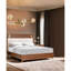 Grand lit de style Mid-Century de style moderne, placage de noyer, bois d'ingénierie, tête de lit tapissier et tête de lit, pieds dorés-130822355-130822353